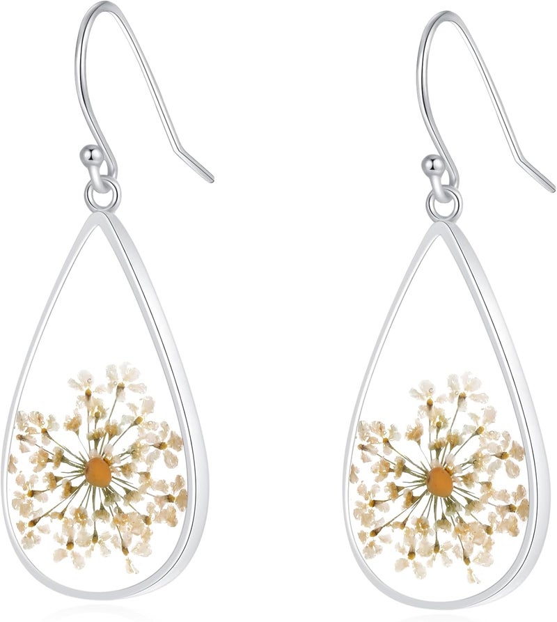 AUNTESIGN Store Forget-Me-Not and Queen Anne's Lace Pressed Wildflower Earrings | Pressed Flower Earrings | Handmade Drop and Dangle Earrings | Gift for Woman - Image 1